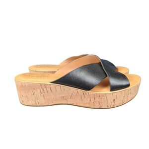 Kork-Ease Sabrina Womens Black Leather Criss Cross Platform Wedge Sandals 9 40.5